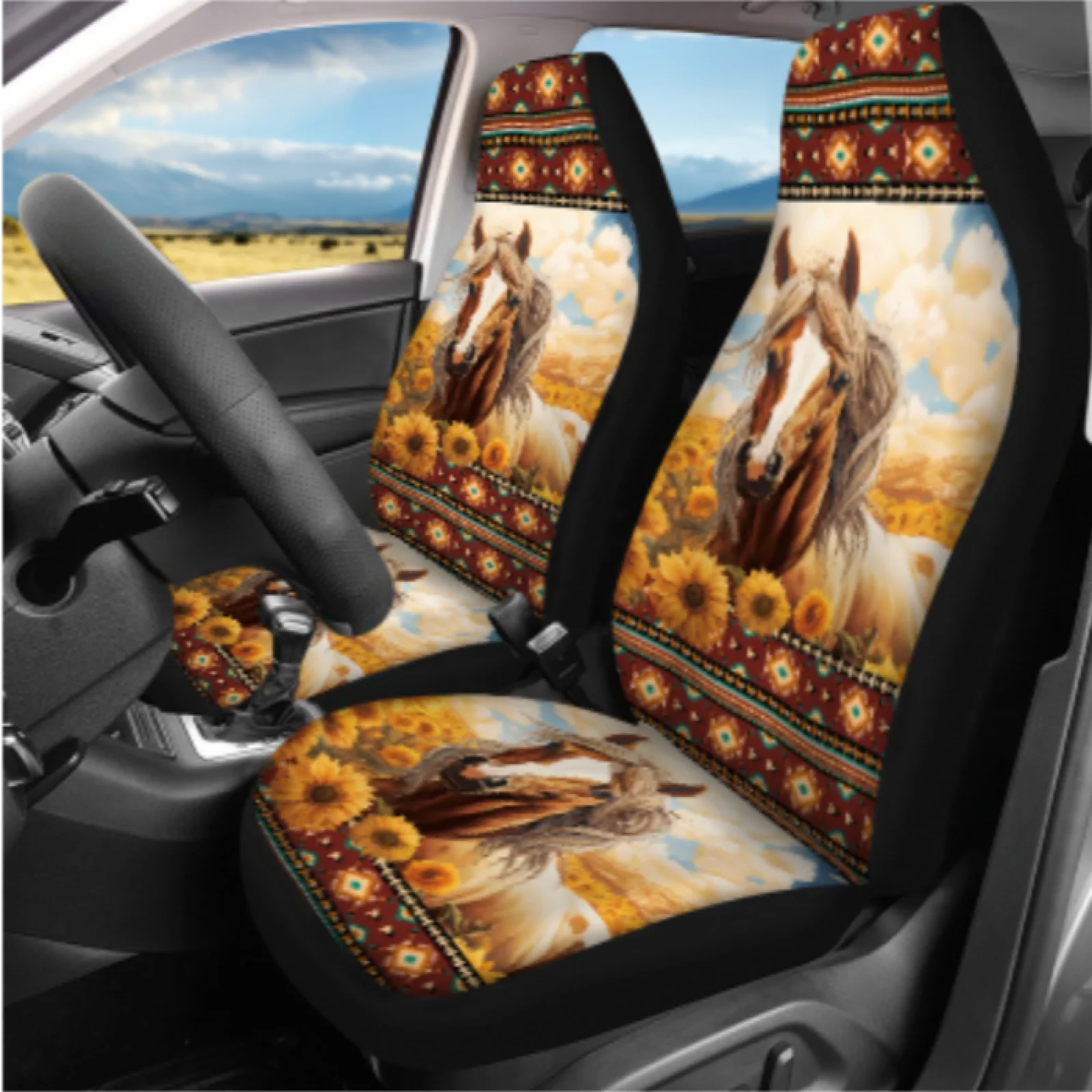 Coloranimal Sunflower 14 Pcs Automobile Seat Cover Sets with Full Set Steering Wheel Cover and Car Safety Belt Pad for Sedans
