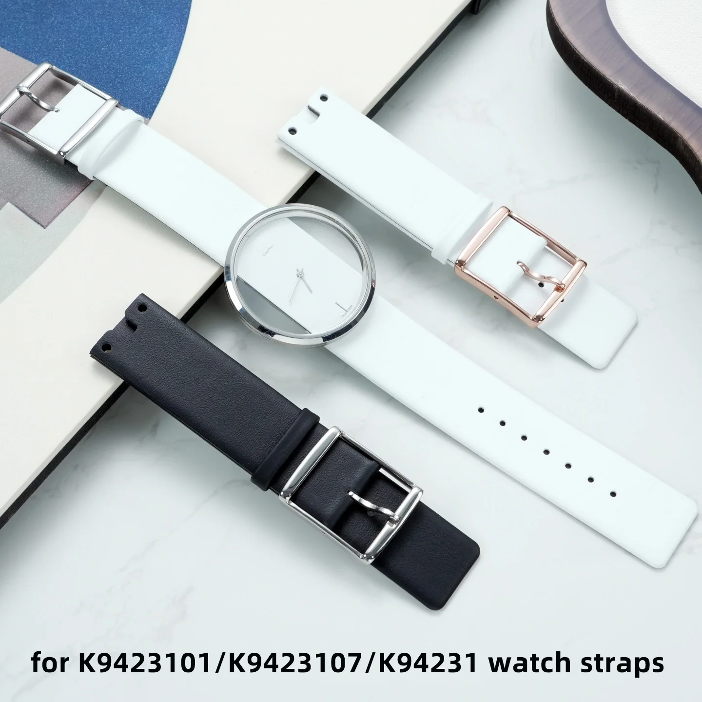 Thin Notched Genuine Leather Watch Band for CK Watches 22mm | Replacement Strap Blue White for Models K9423101 K9423107 K94231