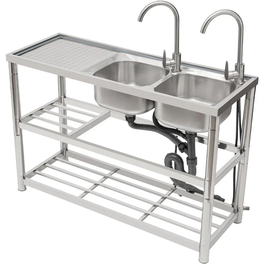 

Раковина из нержавеющей стали с двойной чашей 201, отдельно стоящая коммерческая кухонная мойка с 2 кранами для холодной и горячей воды и местом для хранения Sh