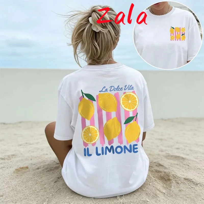 Dolce Vita Lemon Print Women's T-shirt Summer Vacation Casual Short Sleeve Tee Daily Wear Retro Top Women's Clothing