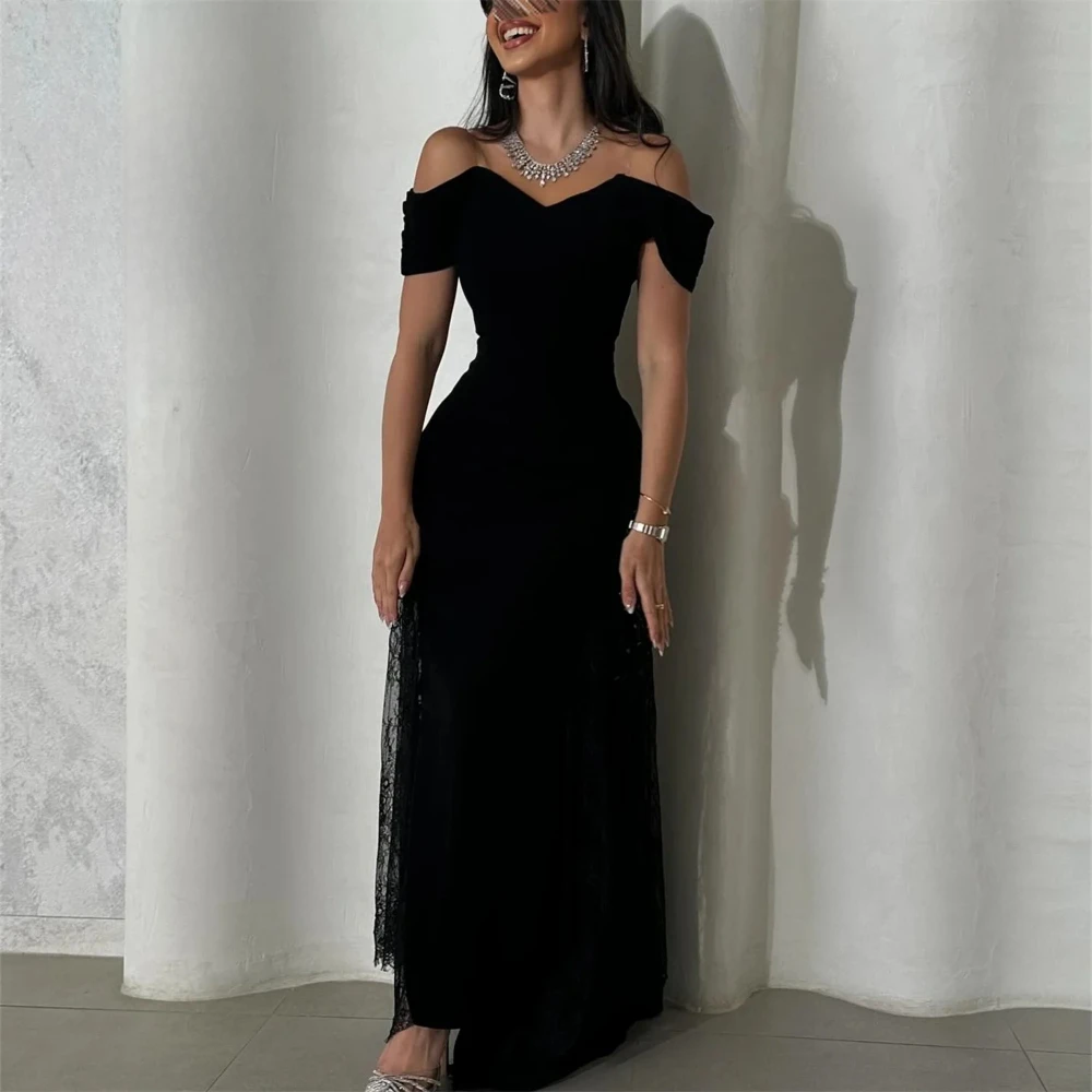 

Black Evening Dress Customized Off The Shoulder Mermaid Lace Jersey Evening Gowns Ankle Length Elegant Prom Gowns 2025