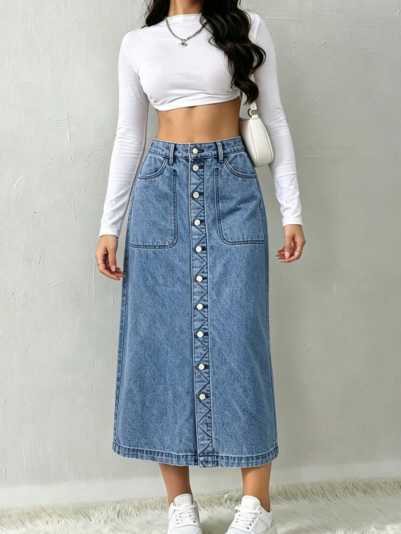 High-Waisted, Washed Blue, A-Line, Loose-Fit Casual Denim Skirt—Mid-Length, Non-Stretch, Button-Down Design