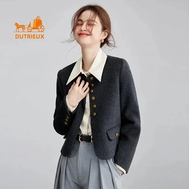 High-end Cashmere Coat for Women, New Style Double-faced 100Wool Winter,Short Round Neck, Gentle and Elegant Party