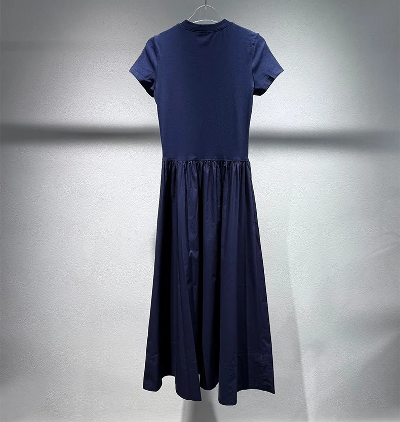 คุณภาพสูงใหม่เสื้อยืดยาวชุด 2025 ฤดูร้อน Lady กระเป๋า Patchwork ความยาวกลางลูกวัวสบายๆสีขาวสีน้ําเงินเข้มชุดผ้าฝ้าย