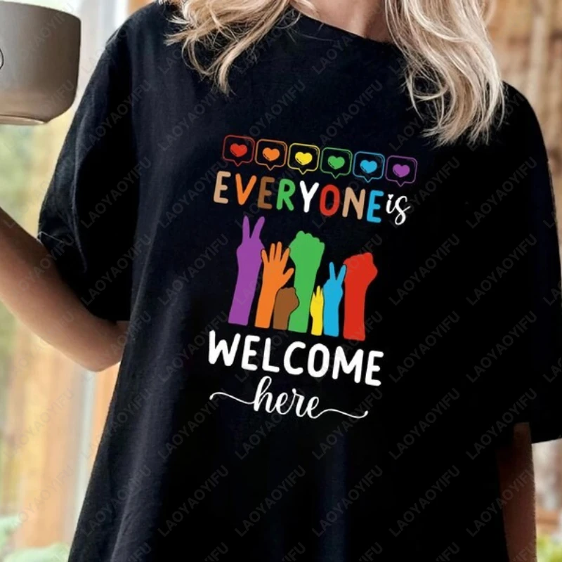 الجميع مرحبا بكم هنا قميص دعم LGBT الحب فخر شهر تي شيرت قوس قزح مثليه الرجال مثلي الجنس فخر منتظم قصيرة الأكمام الاتجاه القمم