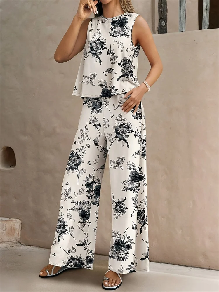 

Комплект из 2 предметов без рукавов с цветочным 3D-принтом и круглым вырезом, свободный комплект из 2 длинных брюк в городском уличном стиле, S-XL