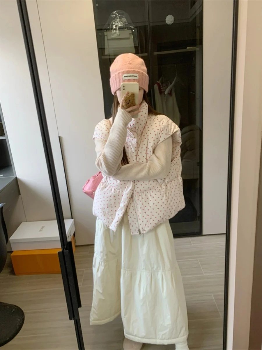 เสื้อกั๊กผ้าฝ้ายผู้หญิงทรงหลวมพิมพ์ลายดอกไม้ Thiened Warm Svel Jaet Winter Outerwear Zipper Closure Stand Collar Commute...