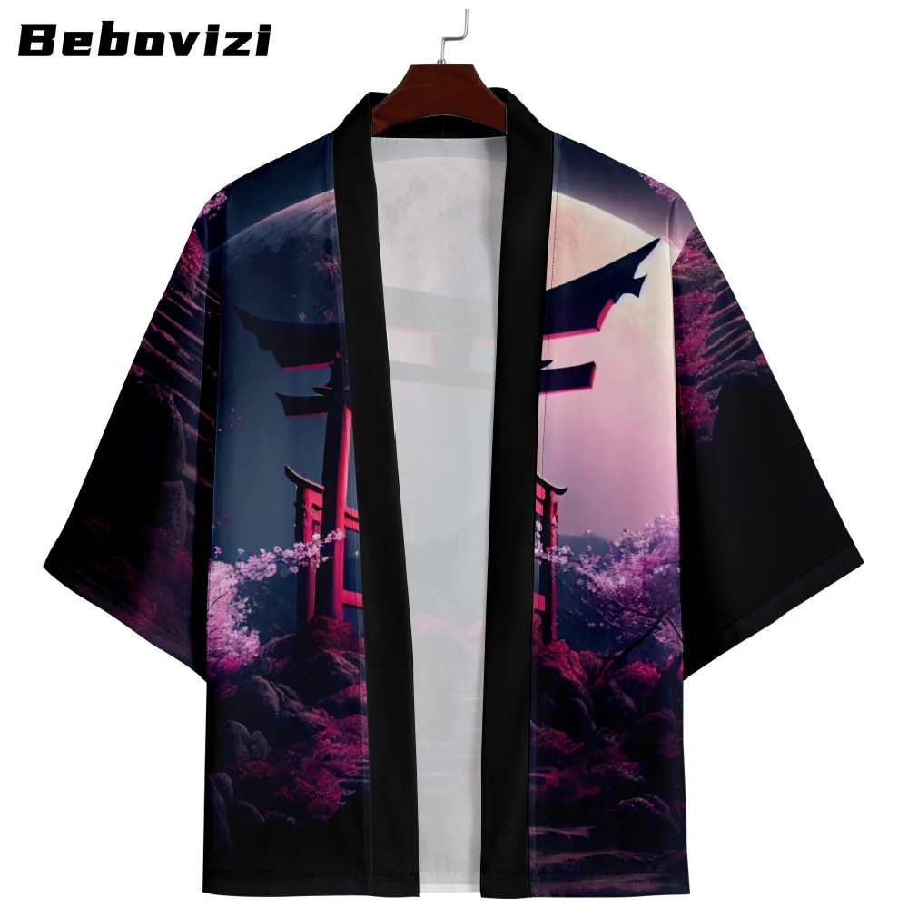 Bebovizi Zomer Streetwear Man Strand Fushimi Inari Heiligdom Kimono Cardigan Cosplay Shirt Blouse Voor Heren Unisex Japanse Yukata