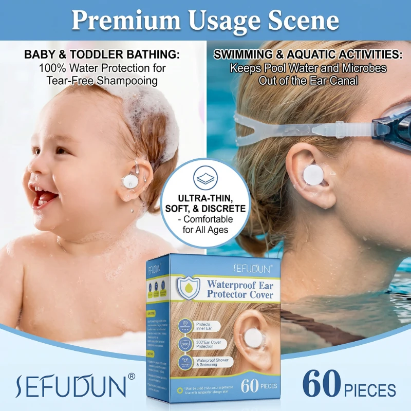 Disposable 60Pcs Waterproof Ear Covers for Adults Kids Swimming Shower Ear Stickers for Toddler Bathing Safety Protectio