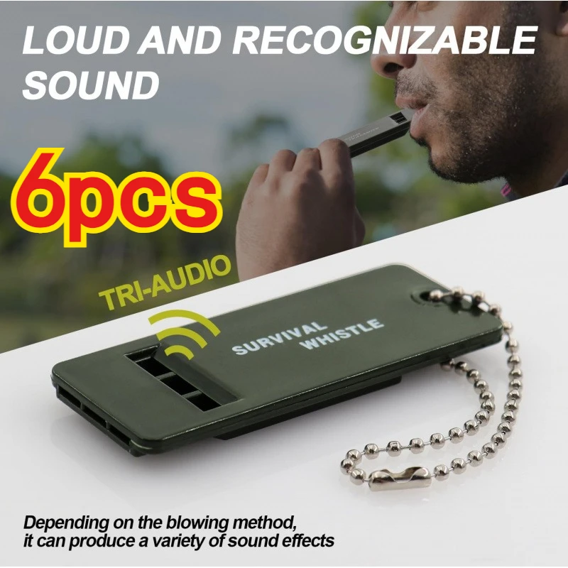 

6 шт. уличных аварийных свистков с громким звуком (высокая/средняя/низкая частота) - портативные, с креплением на ключи/клипсу