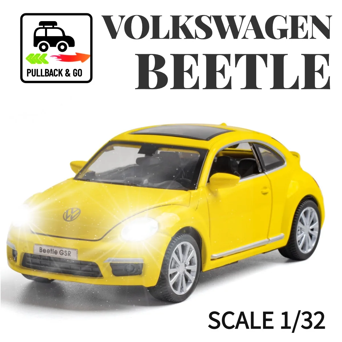 1:32 Volkswagen Beetle Pullback Car with Lights Engine Sound, Dodge VW Porsche Diecast Car Model Scale Replica Gift Kid Boy Toy