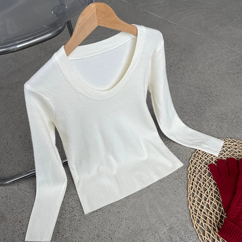 WHTREND U-الرقبة طوق التخسيس لينة محبوك قاعدة قميص للنساء أنيقة طويلة الأكمام تي شيرت علوي WH1773 #5