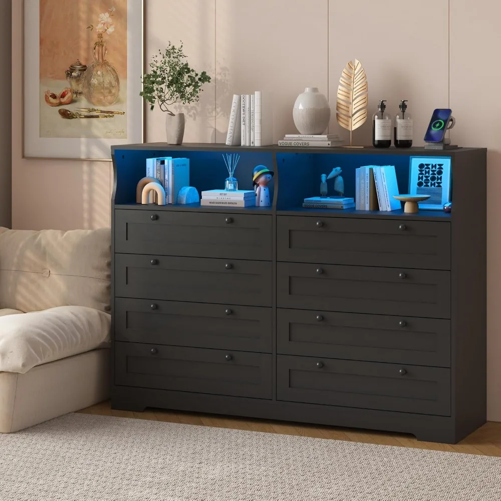 Dresser with 8 Drawers, Wood Bedroom Dresser with Charging Station & LED Lights, Modern Dressers & Chest of Drawers