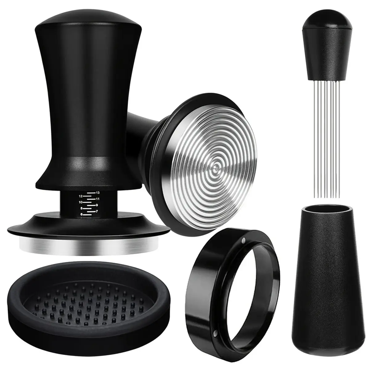 Fits for Coffee Tamper Set with Spring Loaded Tamper Tamper Mat Dosing Funne WDT Tool Espresso Coffee Distribution Stirrer 58mm