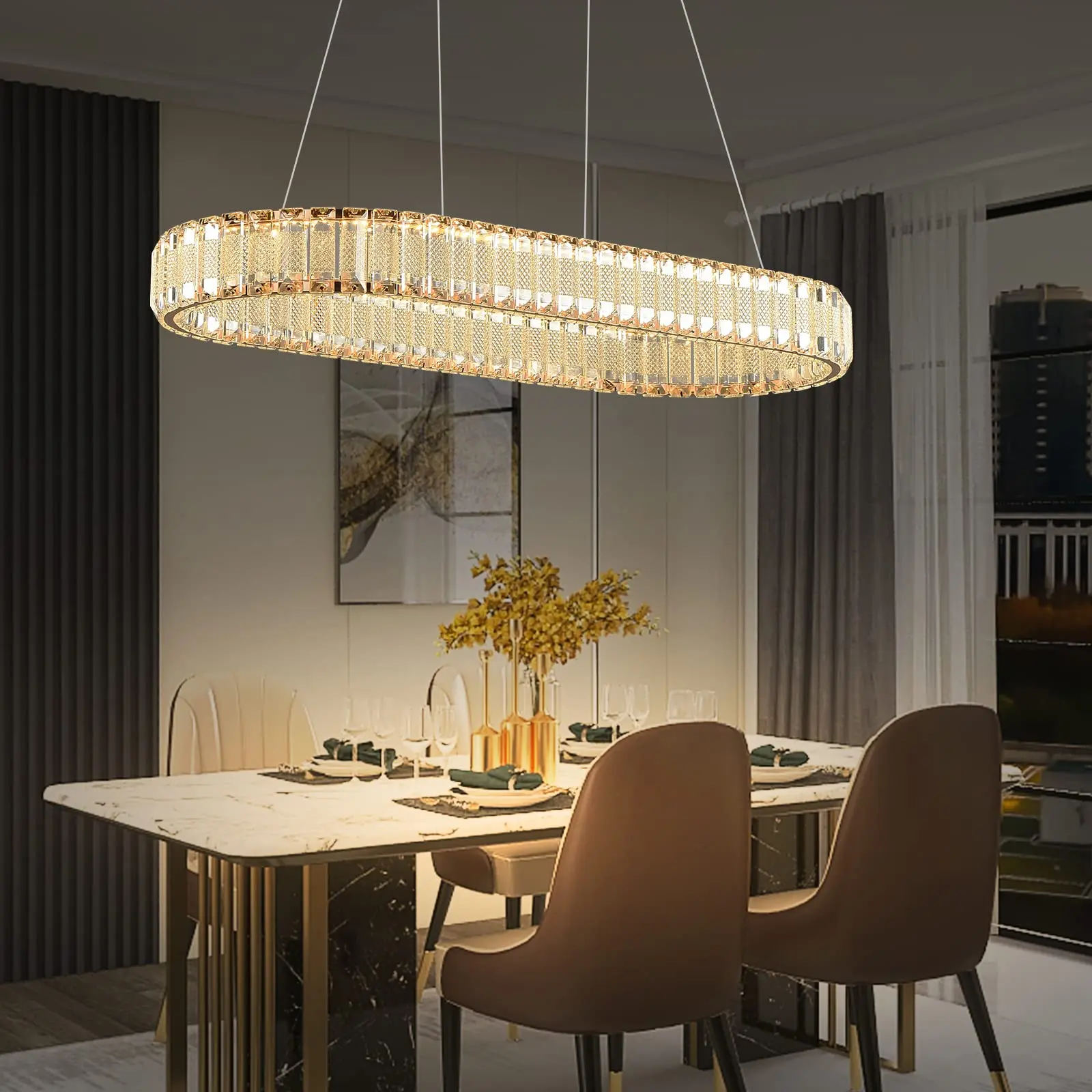 Modern Oval Gold Crystal Pendant Lamp