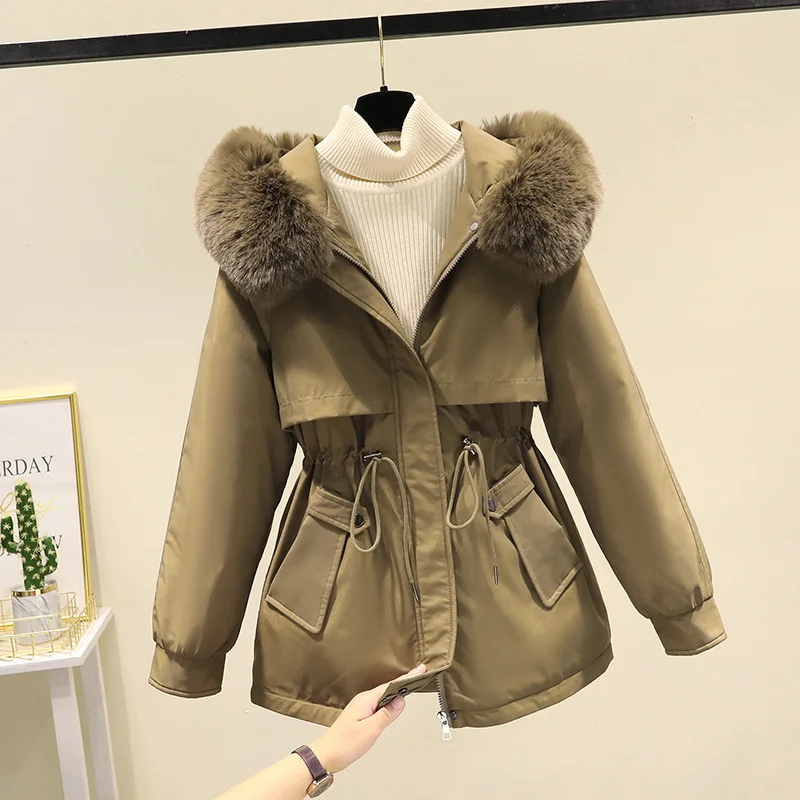 

Parkas Hooded Long Puffer Womens Autumn Coatwindbreaker Adjustable Waistband Furry Bio-Cotton Raglan Hoodie Ulzzang Short-Style