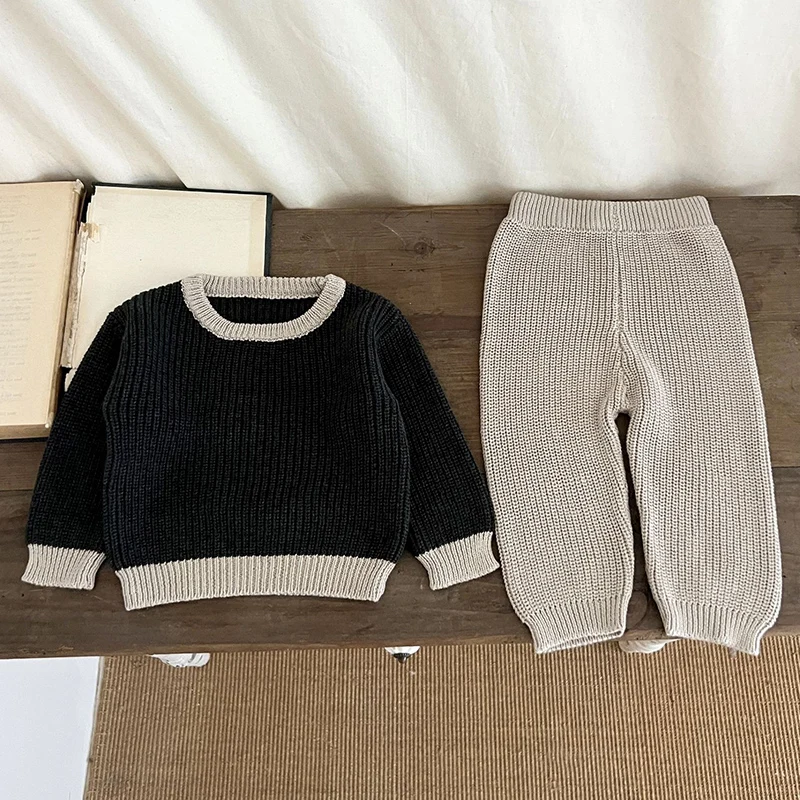 2024 New Autumn Infant Baby Boys Girls Knitted Clothing Set Long Sleeves Pullover Sweater+Pants Children Knitted Clothes Suit