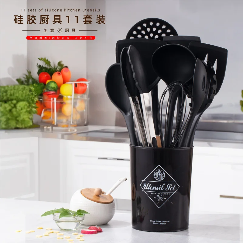 Silicone Cooking Utensils Set with Natural Beech Handles Featuring Heat Resistant Non Slip Design Includes Spatula Ladle Slotted