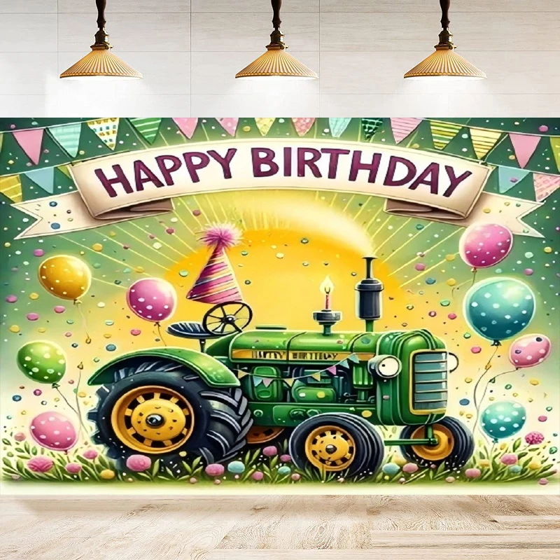 Tractor Gear Balloon Flag Photography Backdrop Happy Birthday Green Tractor Theme Background Decorations Banner