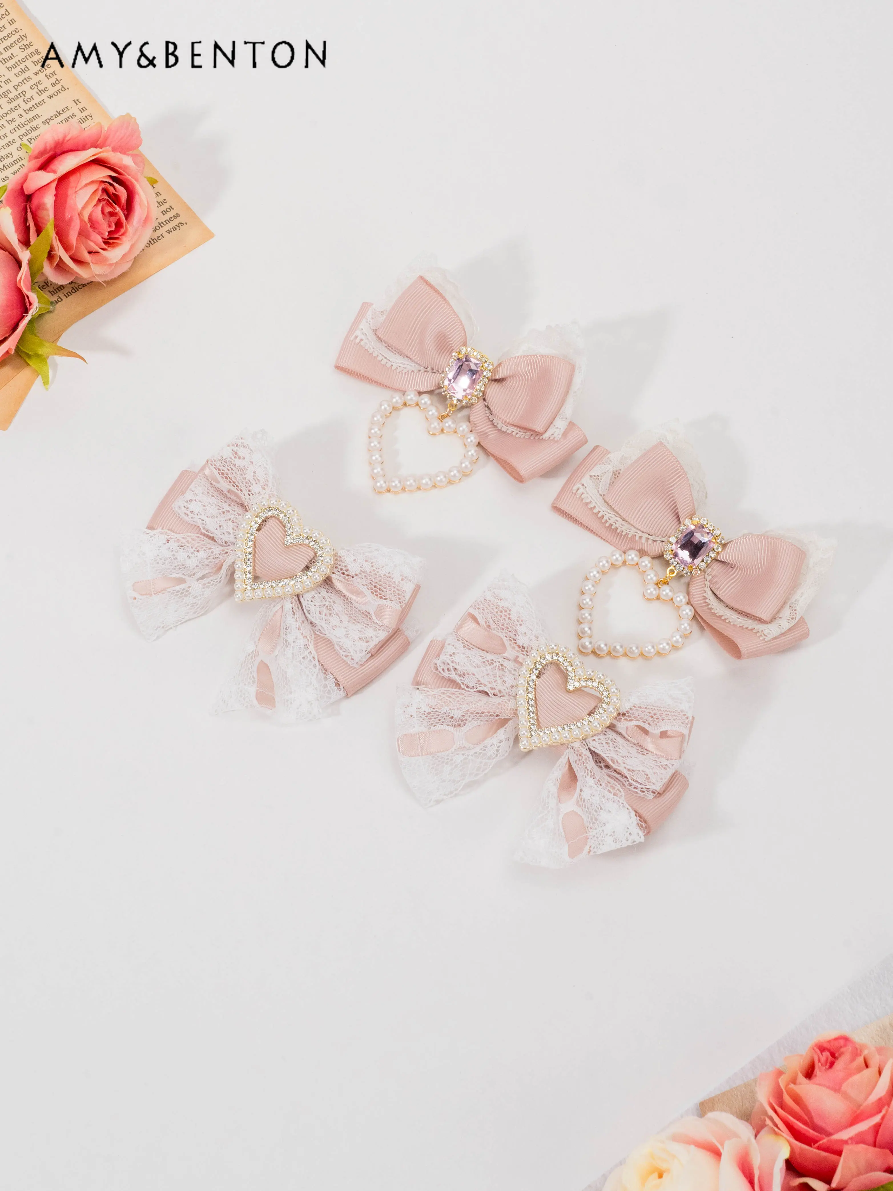 

Japanese Pearl Heart Lace Pink Hair Clip Sweet Girl Lolita Style Barrettes A Pair of Hairclips Women's Hair Accessories