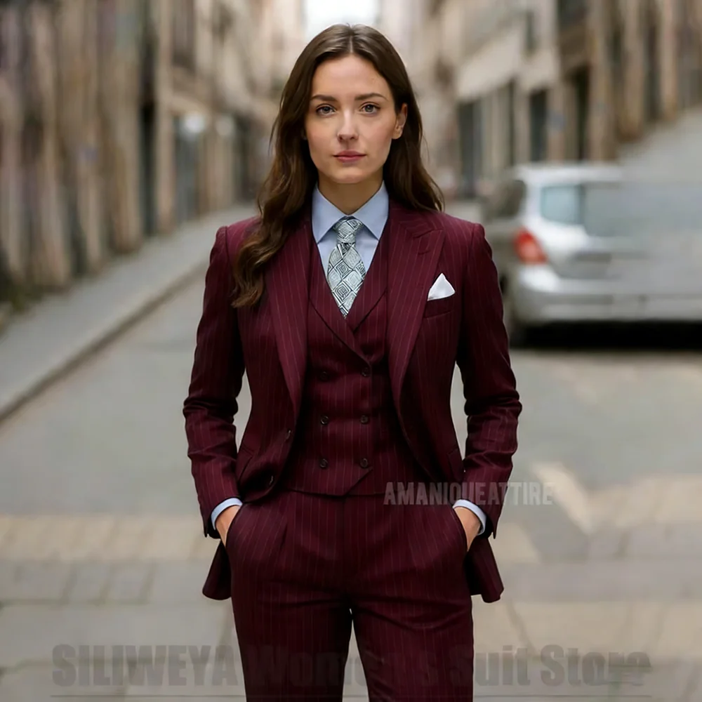 Fashion Women's Striped Suit 3 Piece Single Breasted Blazer Vest and Pants Slim Elegant Formal Business Casual Party Suits