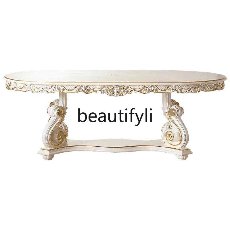 Palace French Cream Style Dining Table and Chair Combination Solid Wood Painted 2.2M Dining Table