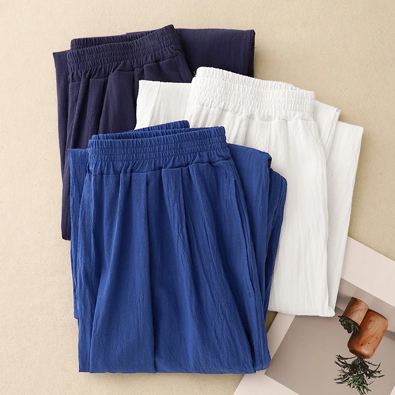ربيع الخريف القطن الكتان سراويل تقليدية فضفاضة الفنية لون نقي تسع نقاط رقيقة بالون السراويل مريحة Harajuku Sle