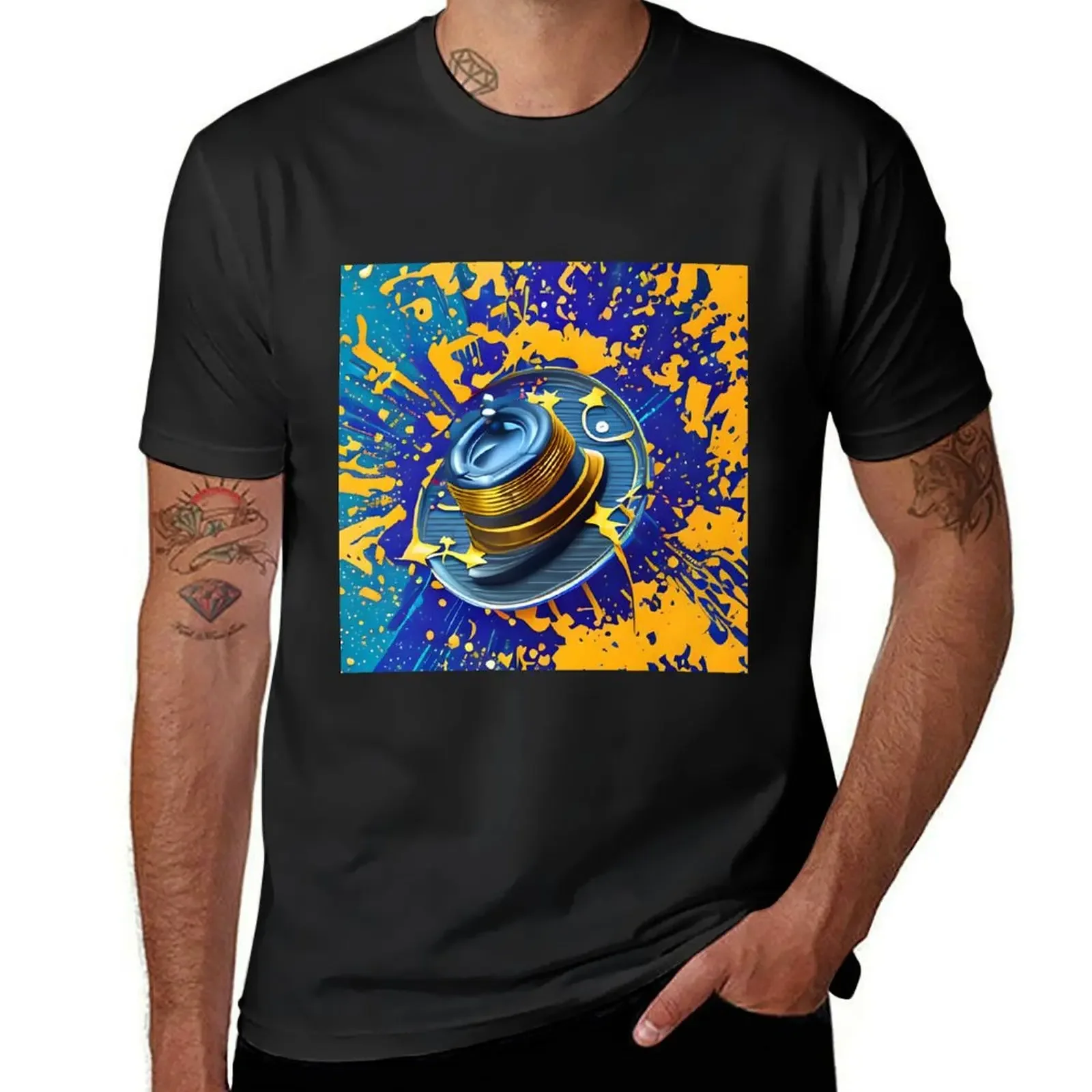 Shimmering Blue and Gold Fedora Hat T-Shirt for a boy street wear sublime graphic t shirt vintage t shirt men 100℅ cotton