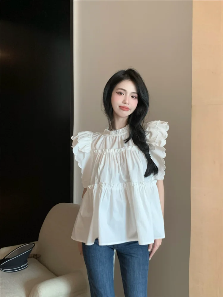 

Korobov Solid Color Ruffled Shirts Women Spring Temperament Sweet Loose Blouses Flying Sleeve Sweet Top Fashion Camisas Y Blusas