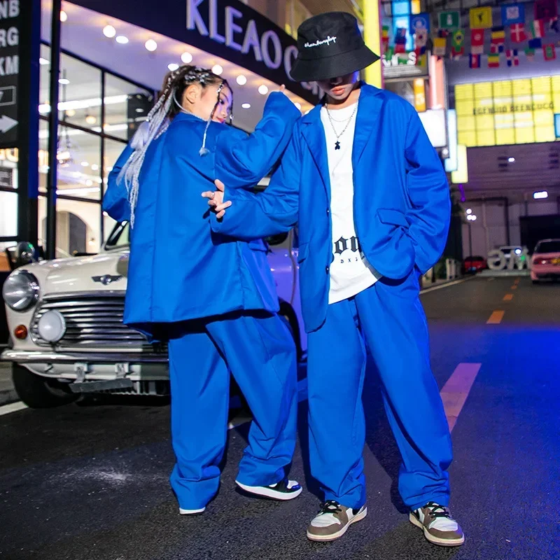 Tanz kostüm Kleidung Anzug Set Kind Kpop Hip Hop Kleidung blau übergroße Blazer Jacke Streetwear Baggy Pants für Mädchen Junge Jazz