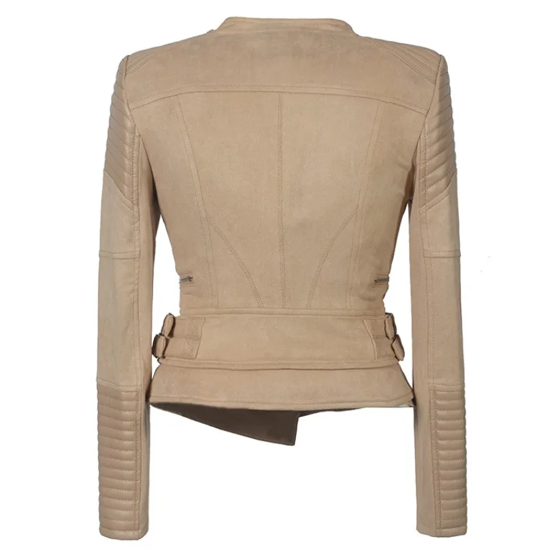 Neu in Jacken Damen Hirschleder Fleece Reißverschluss Gespleißt PU Jacke Kunstleder Schlanke Jacken Dame Herbst Winter Schwarz Modemäntel