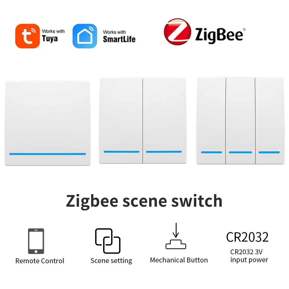 Tuya Zigbee Smart Switch 1/2/3 gang Wireless Wall Push Button Scene Switch Battery Powered Smart Life APP Control Need Gateway