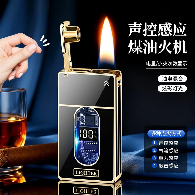 Voice-Controlled Lighter Gravity-Sensing Intelligent Ignition Oil-Electric Hybrid Lighter Blue Light & Transparent Oil Tank