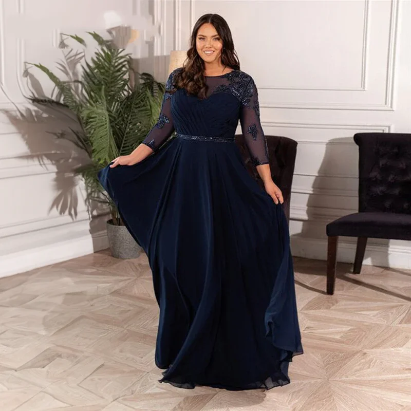 AIOVOX elegante Plus Size madre della sposa abiti Lace Illusion Chiffon Appliques vestito da partito per le donne Sash Vestido De Noche