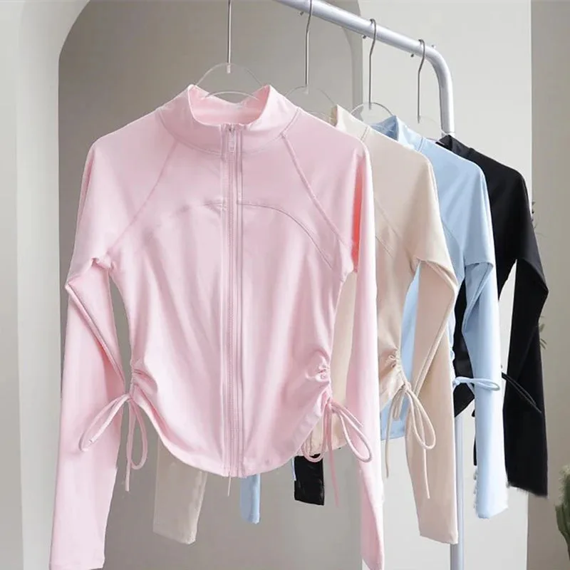 

Women Clothes Full Zip Drawstring Sports Top Long Sleeve Gym Fitness Short Jackets Women Yoga Jacket
