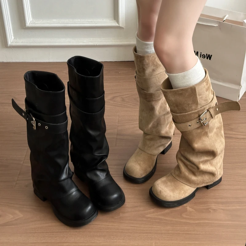 Botas Altas Plisadas Vintage para Mujer, Otoño Invierno, Zapatos de Suela Gruesa con Hebilla Decorativa, Botines Largos con Forro Cálido