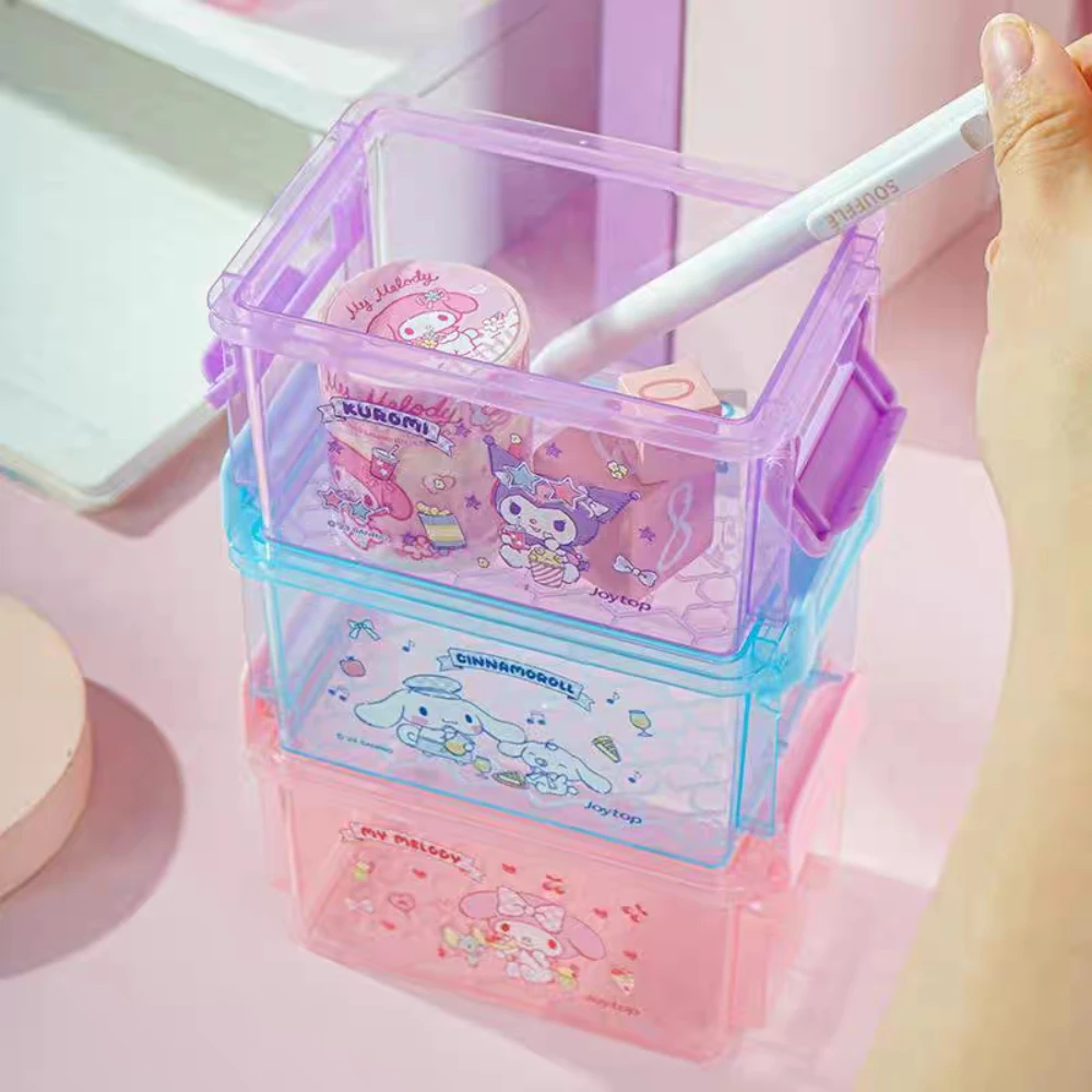 Genuíno sanrio cinnamoroll kuromi caixa de coleta empilhável de 3 camadas com adesivo diy kawaii melodia casa caixas de armazenamento diversos
