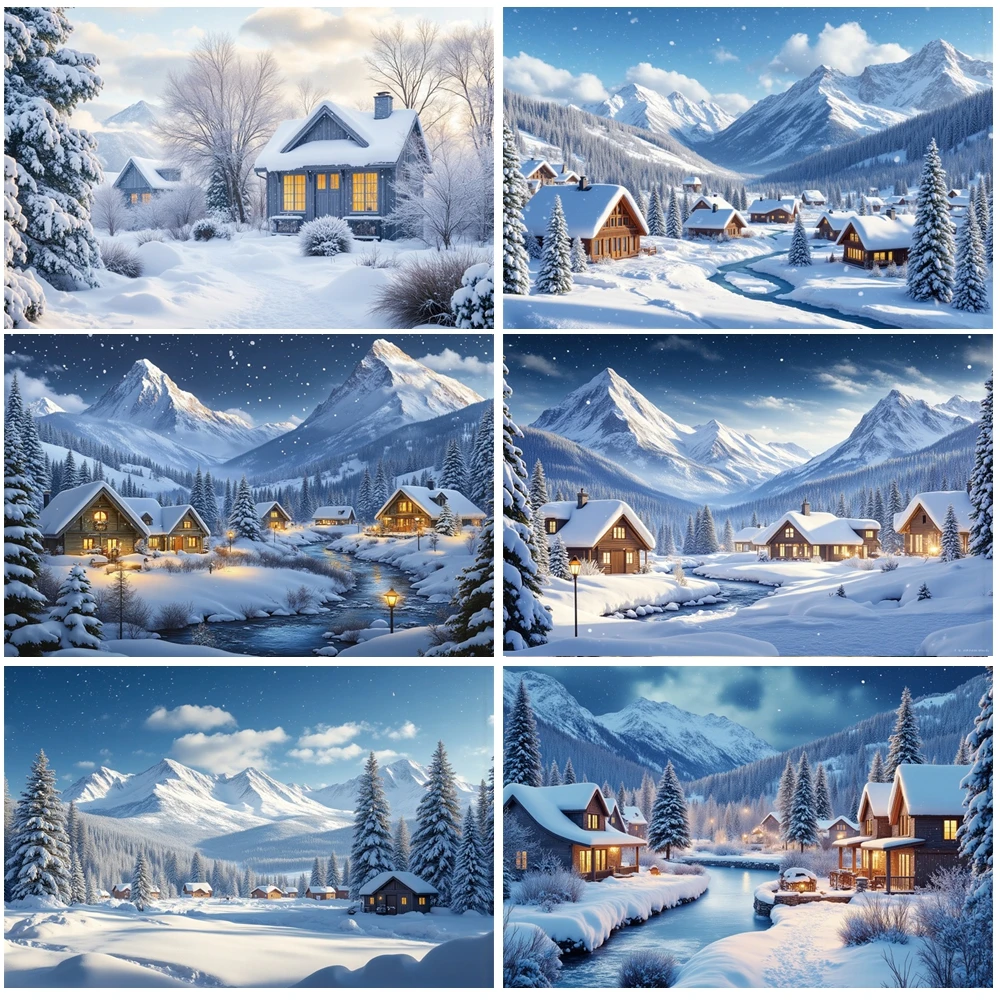 

MOON.QG Alpine Snow Village Christmas Mountain Cottage Background Backdrop Newborns Portrait Photography Accessories Party Decor