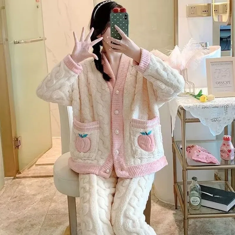 Thickened Warm Sleepwear Pink Peach Coral Velvet Women Homewear Suit Autumn and Winter Ladies Cardigan Two-Piece Set Nightwear