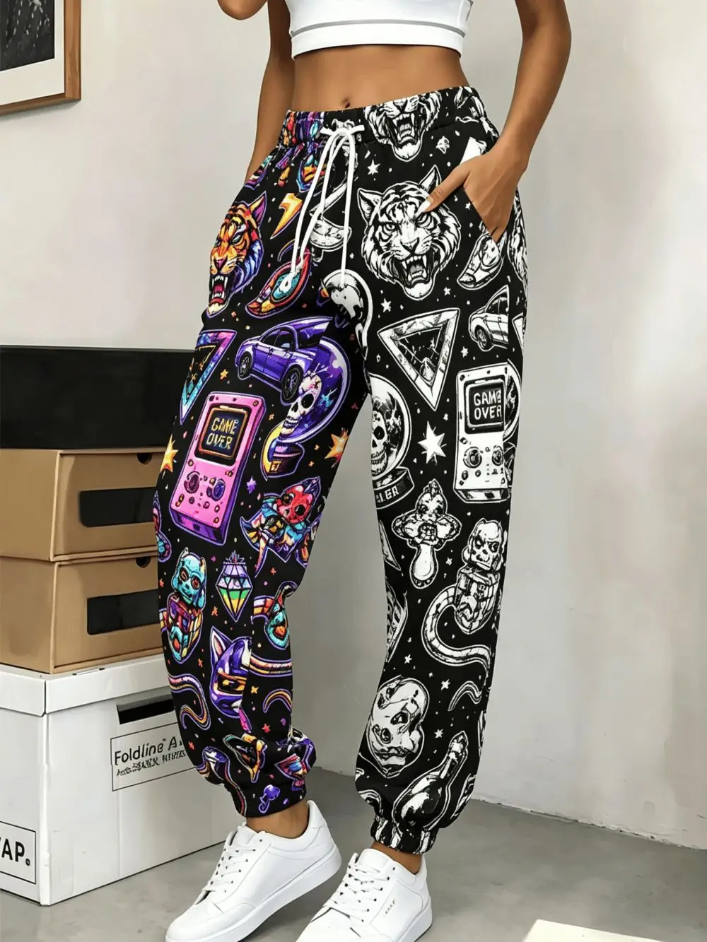Retro Game Cartoon 3D Print Quick Dry Straight Pants Unisex, Graffiti Tiger Skull Elastic Drawstring Streetwear Long Trousers