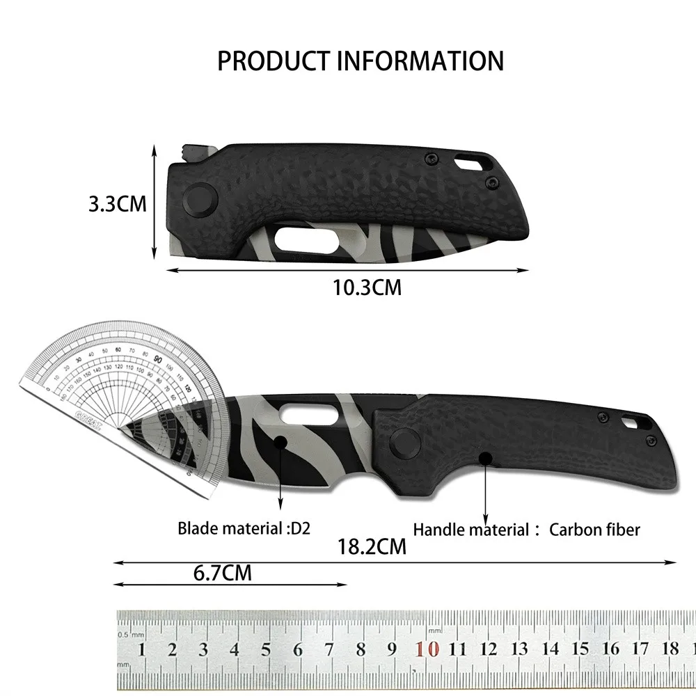 New Outdoor Tactical Folding Knife Zebra Pattern D2 Blade Carbon Fiber Handle EDC Camping Hiking Hunting Survival Tool