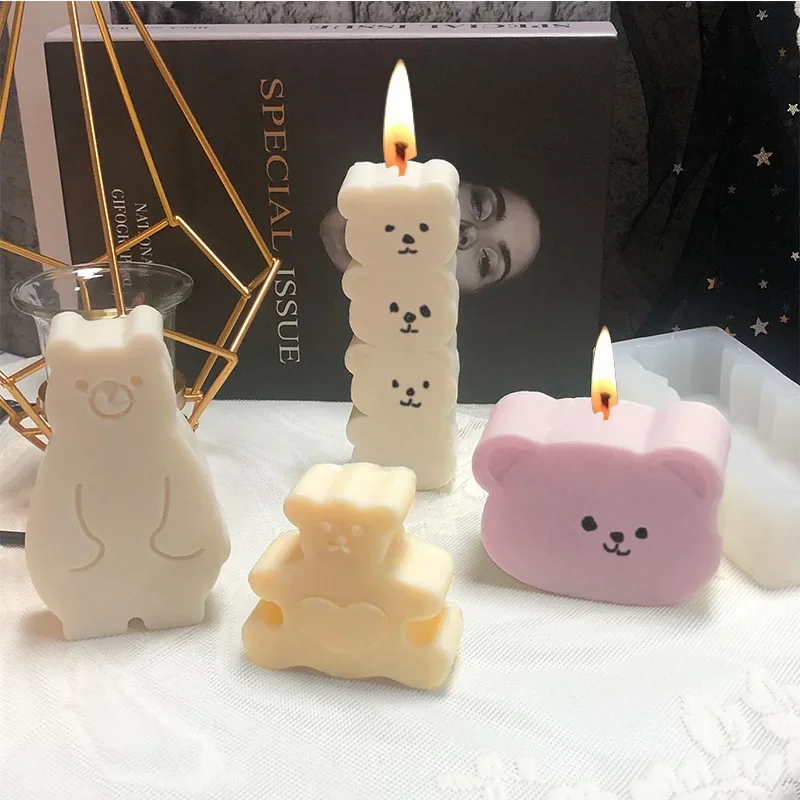 Cartoon Little Bear Silicone Candles Mold Soap Mold DIY Columnar Love Bear Head Geometry Candle Making Gifts Craft Home Decor