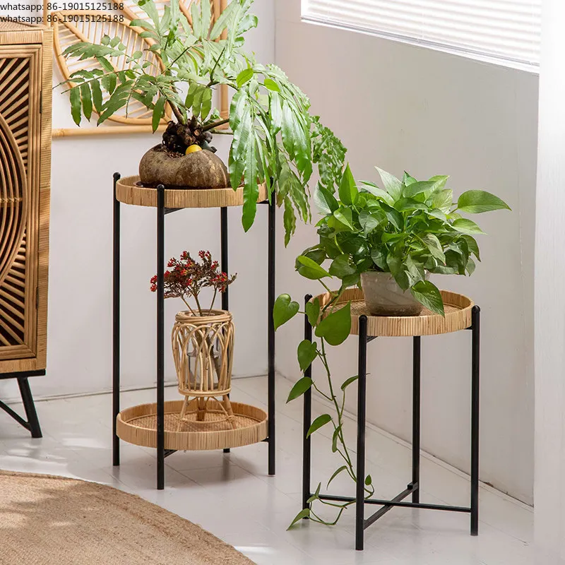 Modern 2 Tier Balcony Rattan Flower Pot Stand Metal Art Round Disk Wicker Plant Holder Shelf Indoor Outdoor Garden Display Rack
