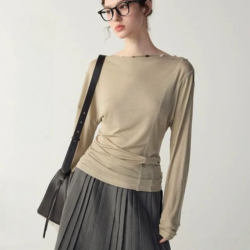 Women French Style Acetic Acid Long Sleeve Top Slant Neck Ruched Slim Fit Breathable Layering Shirt For Autumn