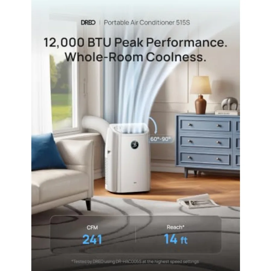Portable Air Conditioner 515S for bedroom use, ABS plastic body, white color, drainage-free cooling with smart APP/voice/remote