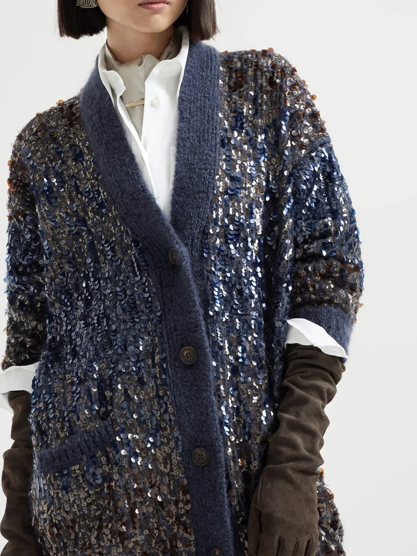 

Осень/зима 2022, новый высококачественный прочный мохеровый кардиган с круглым вырезом и пайетками для женщин