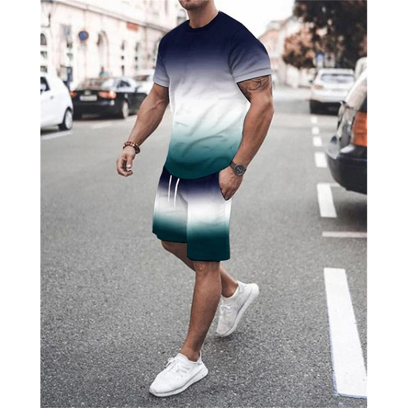 Abstract Gradient 3D Print T-Shirts Shorts Sets Men\'s Casual Fashion Oversized Short Sleeve T Shirt Pants Set Man Suits Clothing