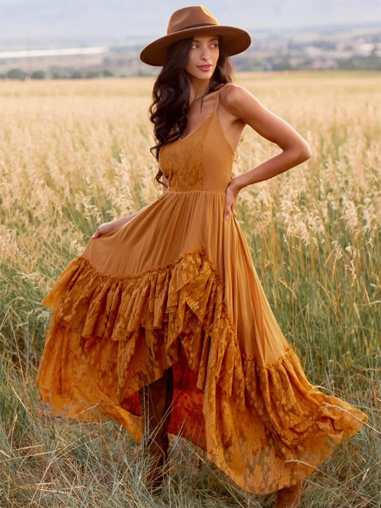 Abito estivo da spiaggia fluido senza maniche Slip Maxi abiti Boho Stili tinta unita pizzo increspato vestito estivo Mujer Abiti 2025