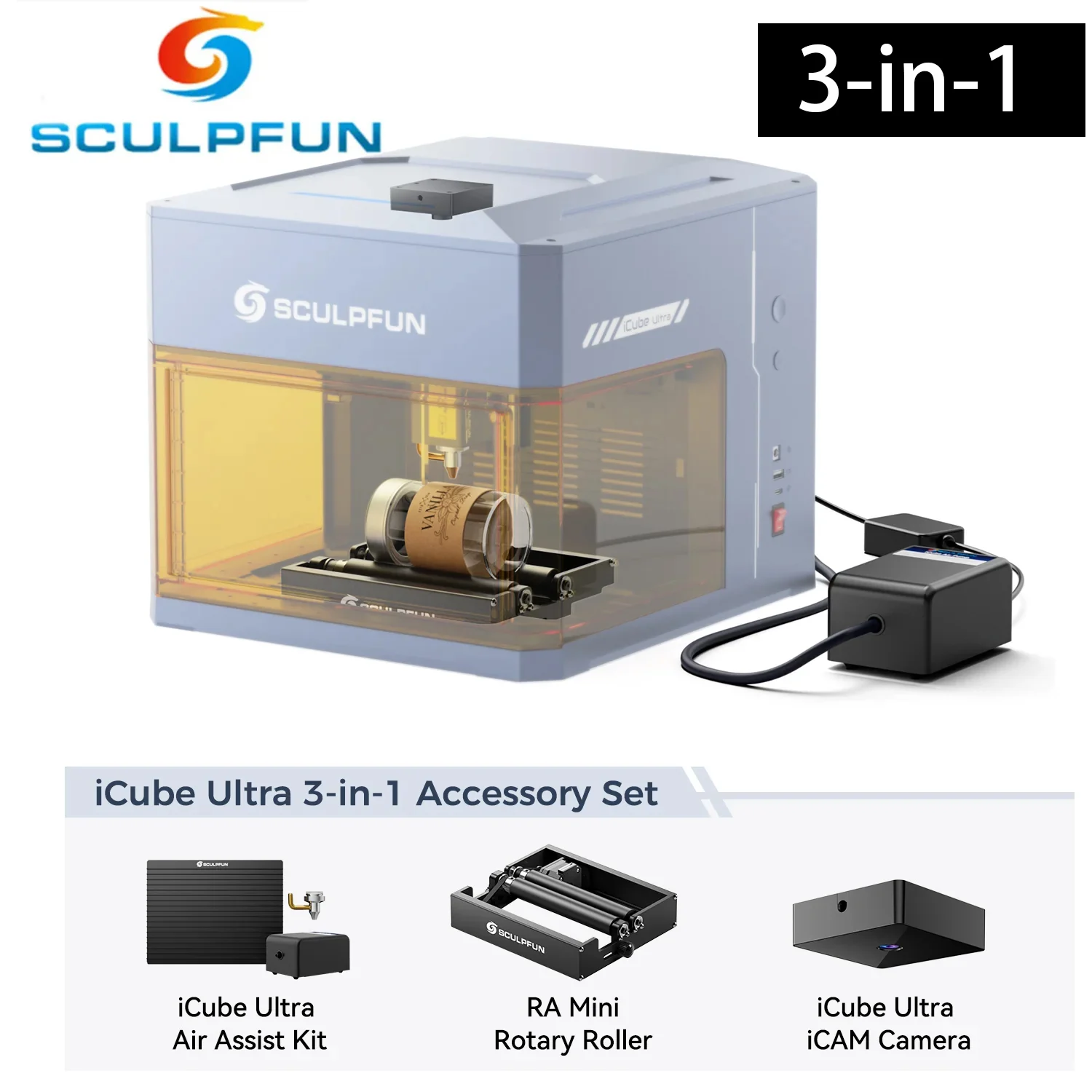 SCULPFUN iCube Ultra iCam Camera + RA Mini Rotary Roller + Honeycomb Air Assist 3 in 1 Accessory Kit