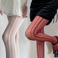 Women Sexy Lace Fishnet Pantyhose Lolita Style Hollow Out Design Red Silk Stockings JK High Waist Striped Tights Christmas Gifts